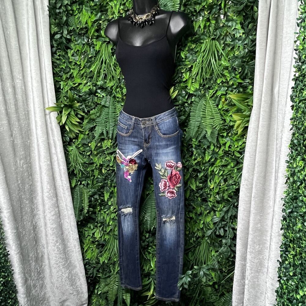 Y2K MACHINE‎ Jeans Women 0 Blue Denim Embroidered Sequin Patch Distressed 2715